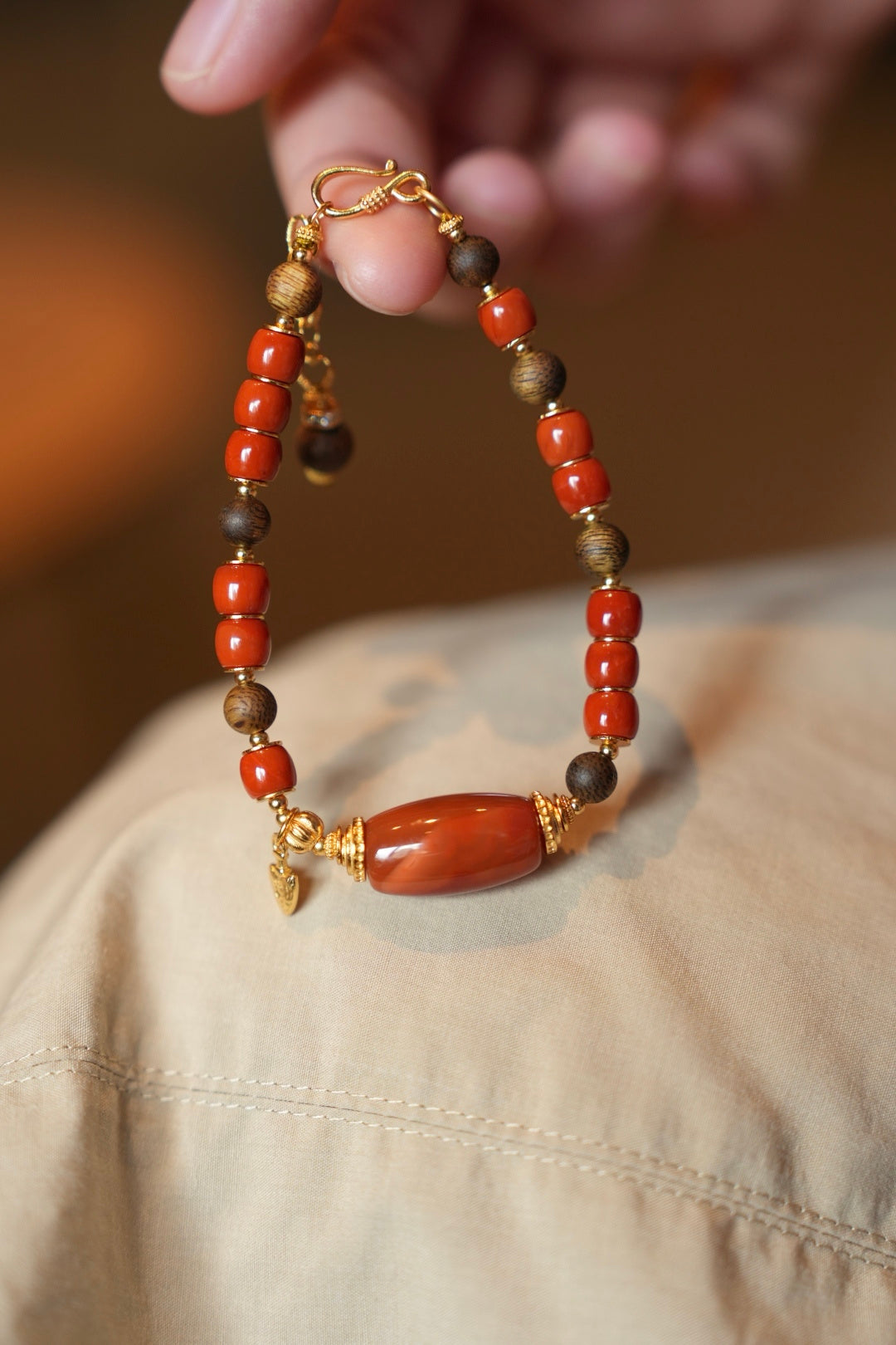 Kynam Agarwood Bracelet, South Red Agate Barrels & Beads