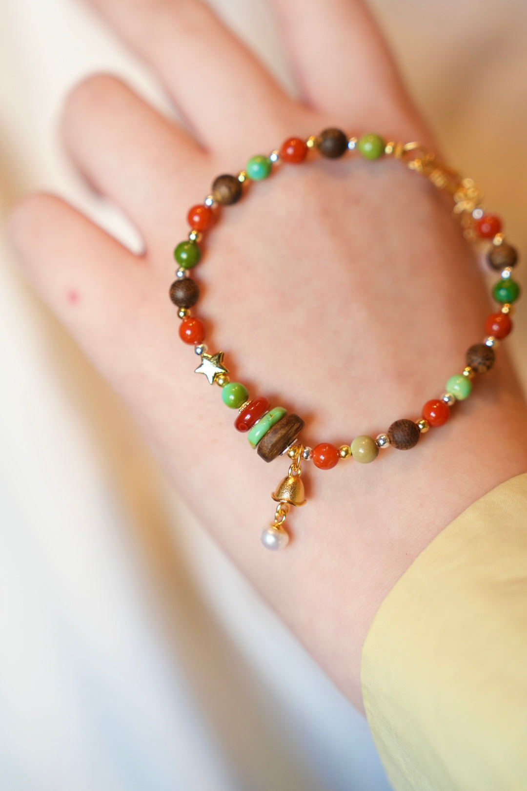 Kynam Agarwood Bracelet, South Red Agate, Turquoise & Pearl Charms