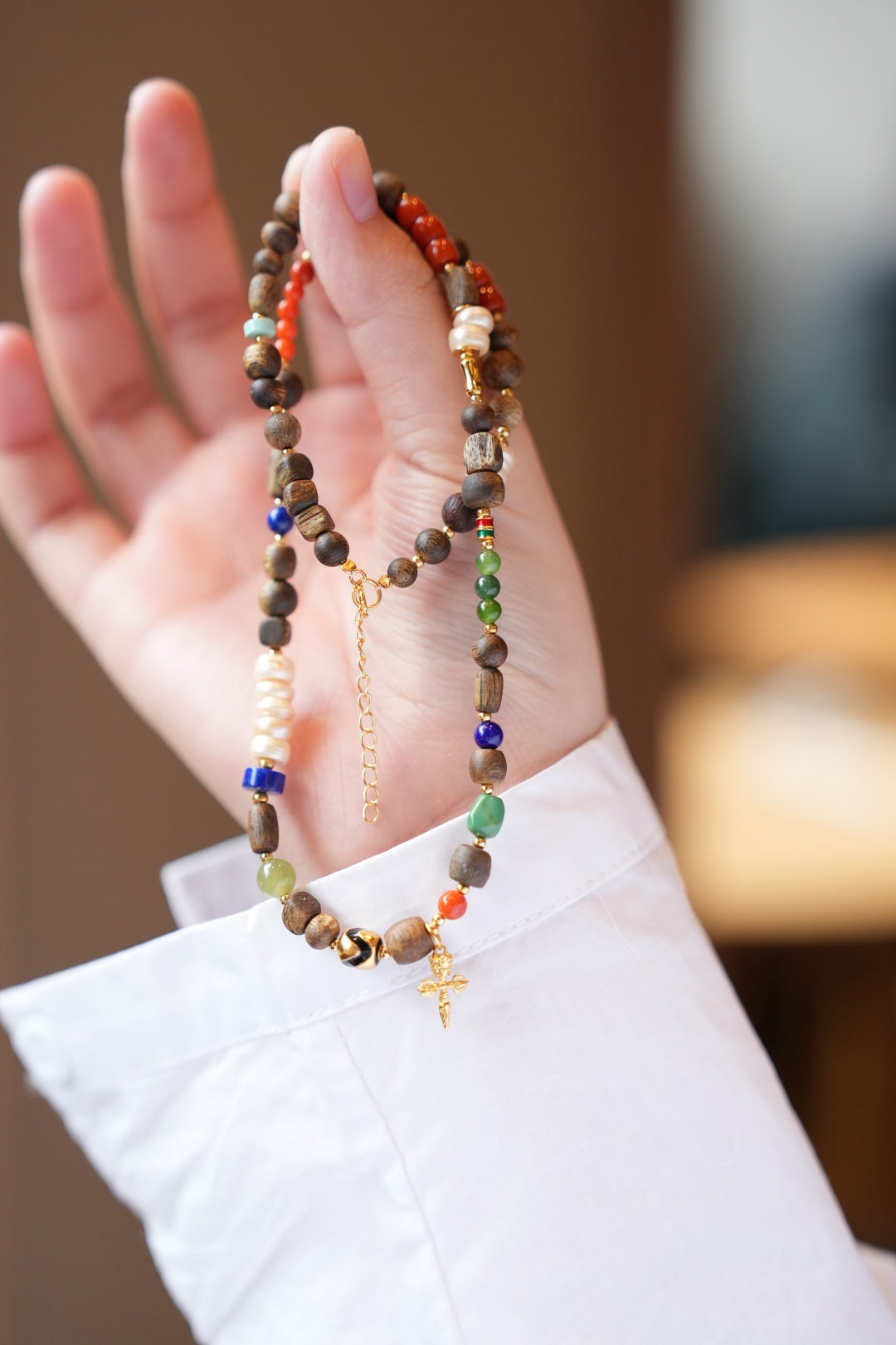 Kynam Agarwood Necklace, South Red, Tibetan Pearl, Jade & Lapis