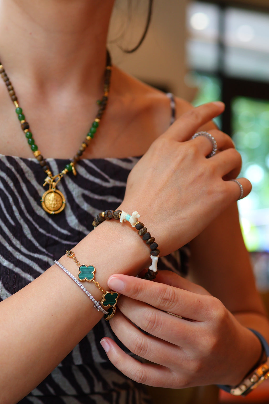 Kynam Agarwood Bracelet, Mammoth Bone Dog Charm, Turquoise, Adjustable Cord