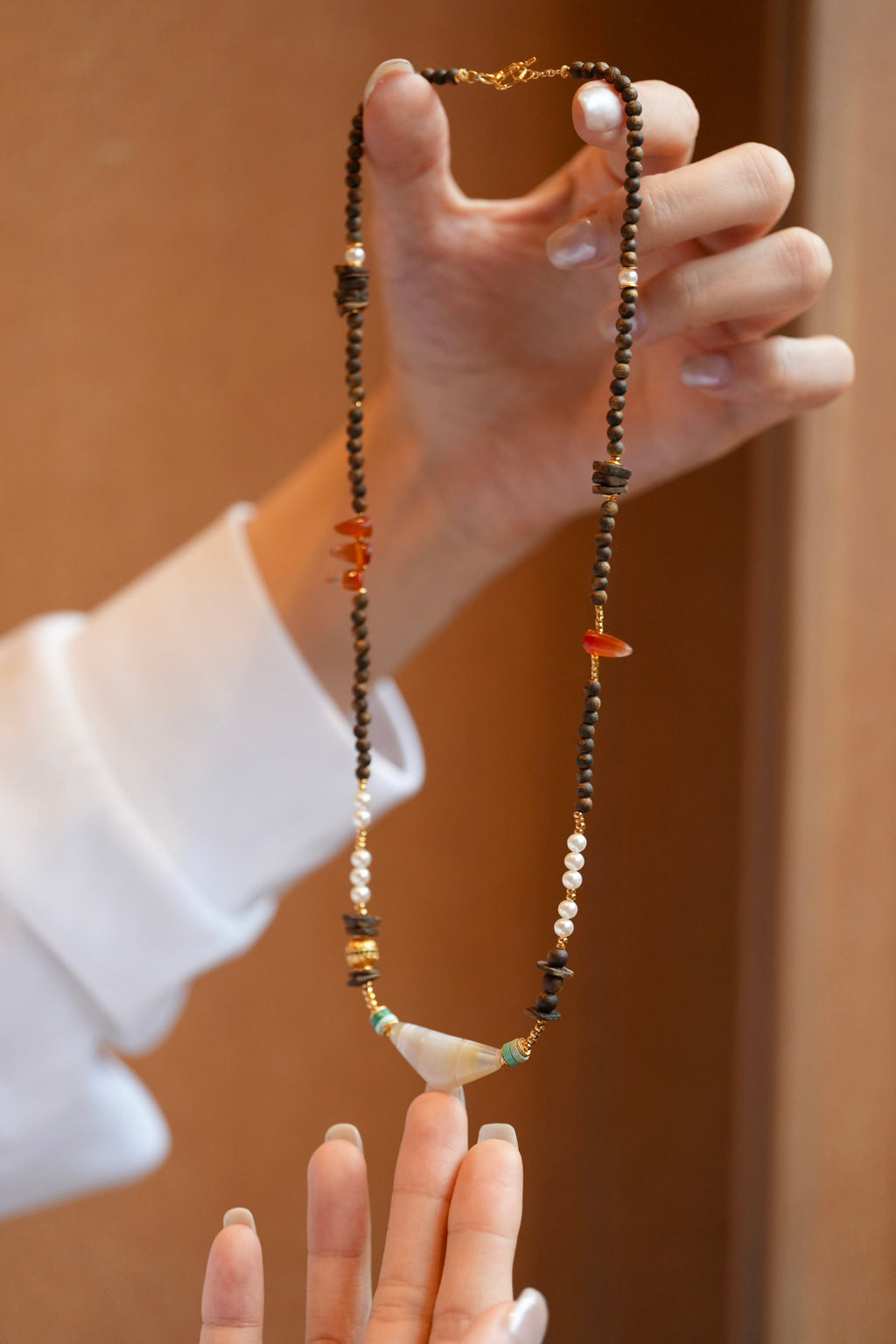 Kynam Agarwood Necklace, Freshwater Pearl, Turquoise & Carnelian