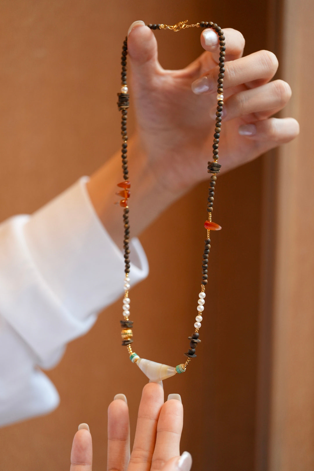 Kynam Agarwood Necklace, Freshwater Pearl, Turquoise & Carnelian
