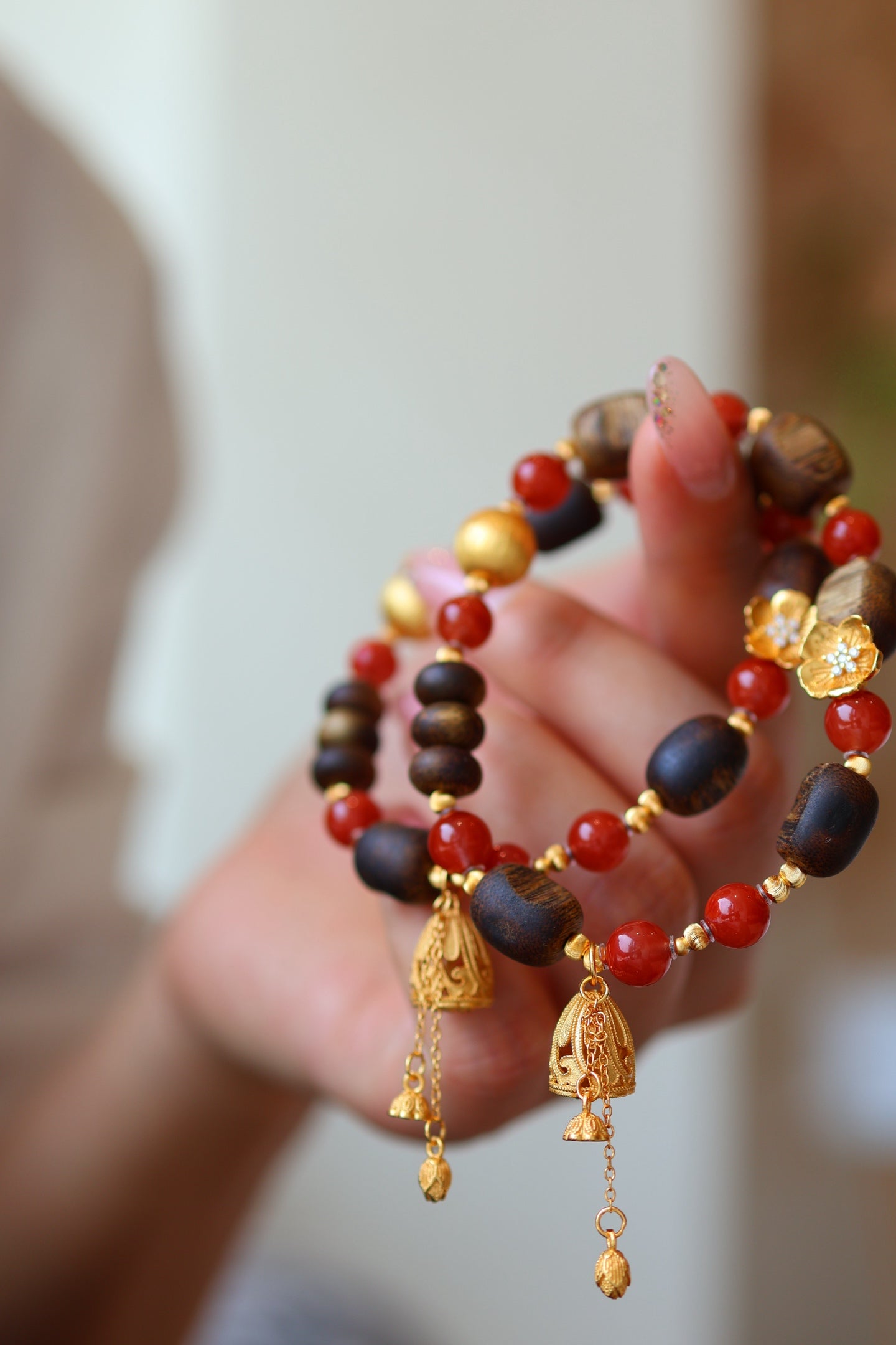Kynam Agarwood & South Red Agate Bracelet Set, Plum Blossom Charm