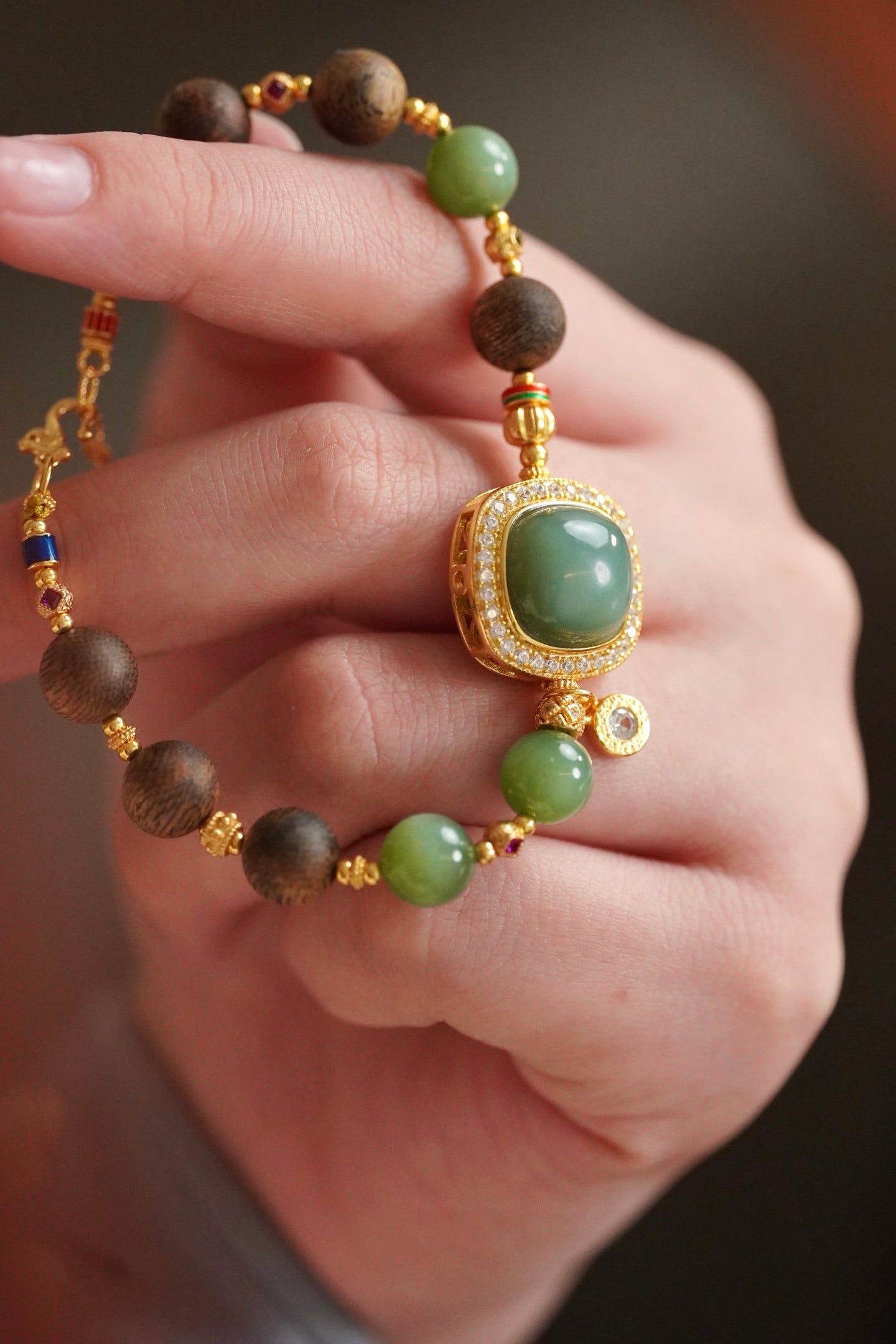Kynam Agarwood Bracelet, Cat's-Eye Nephrite Jade & Duck-Egg Blue Peace Medallion