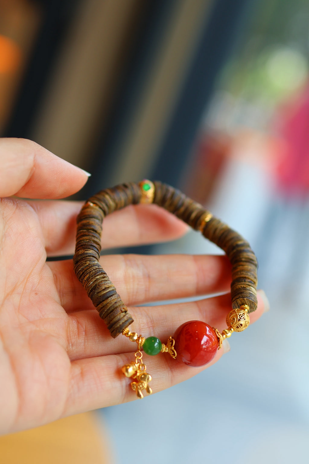 Kynam Agarwood Bracelet, South Red Agate & Jade