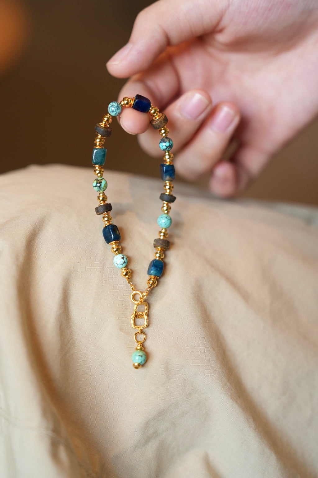 Turquoise and Sugilite Bracelet, Web-Pattern Rounds, Deep Blue Cubes, Agarwood Disc Spacers, Adjustable Clasp