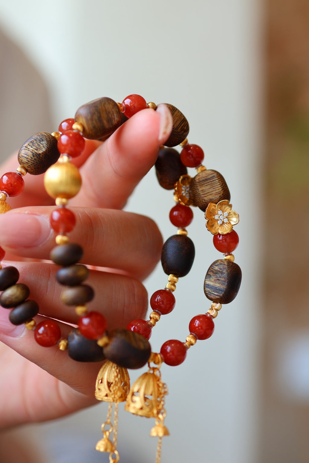 Kynam Agarwood & South Red Agate Bracelet Set, Plum Blossom Charm