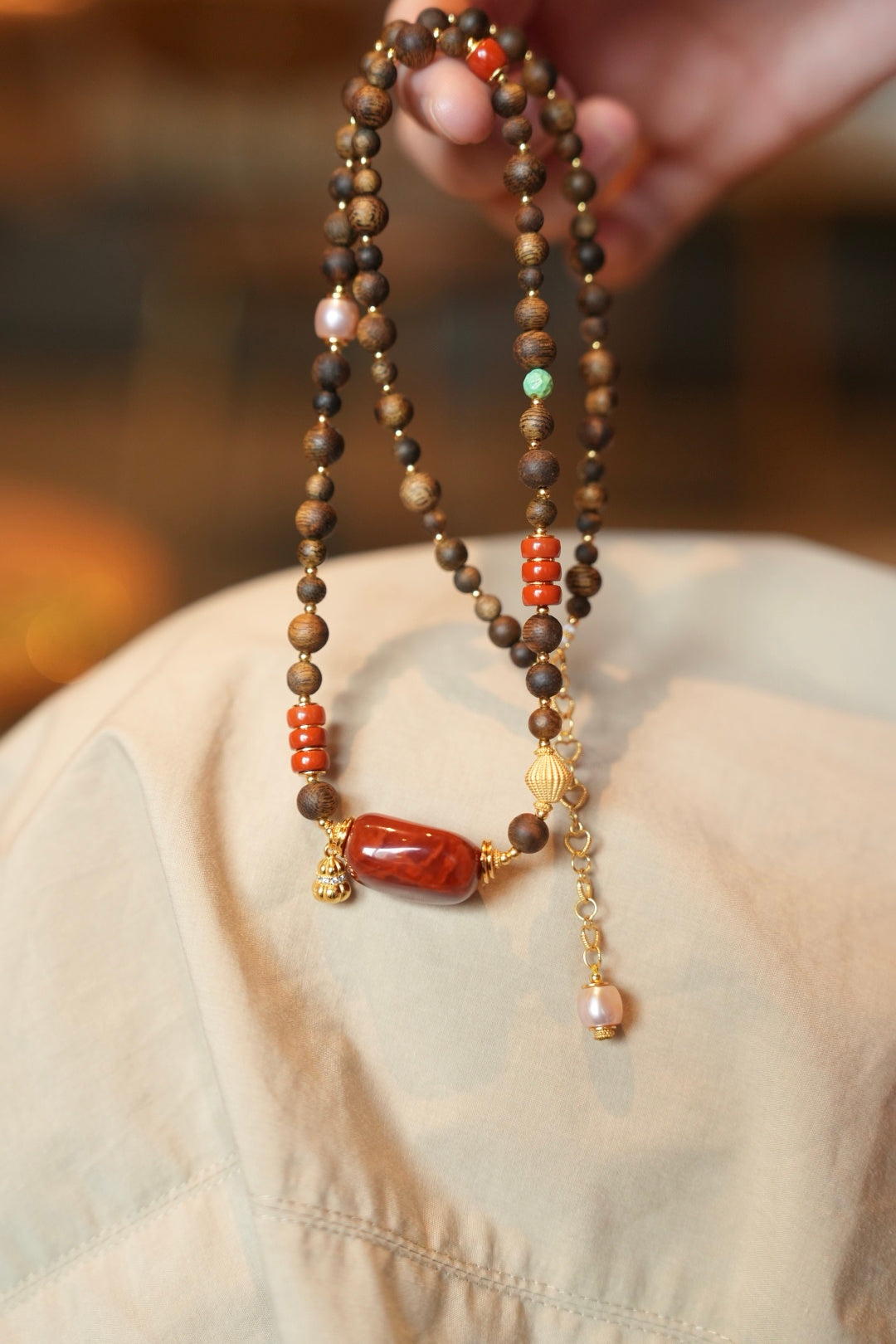 Kynam Agarwood Necklace, South Red Agate Focal, Turquoise & Pearl Accents