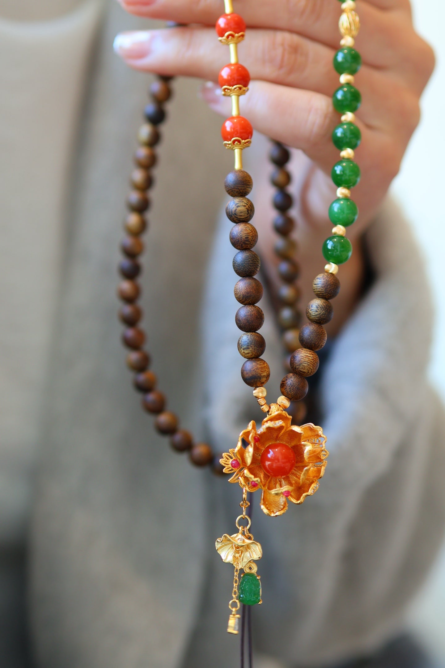Kynam Agarwood Necklace, Jade, South Red Agate & Lotus Pendant