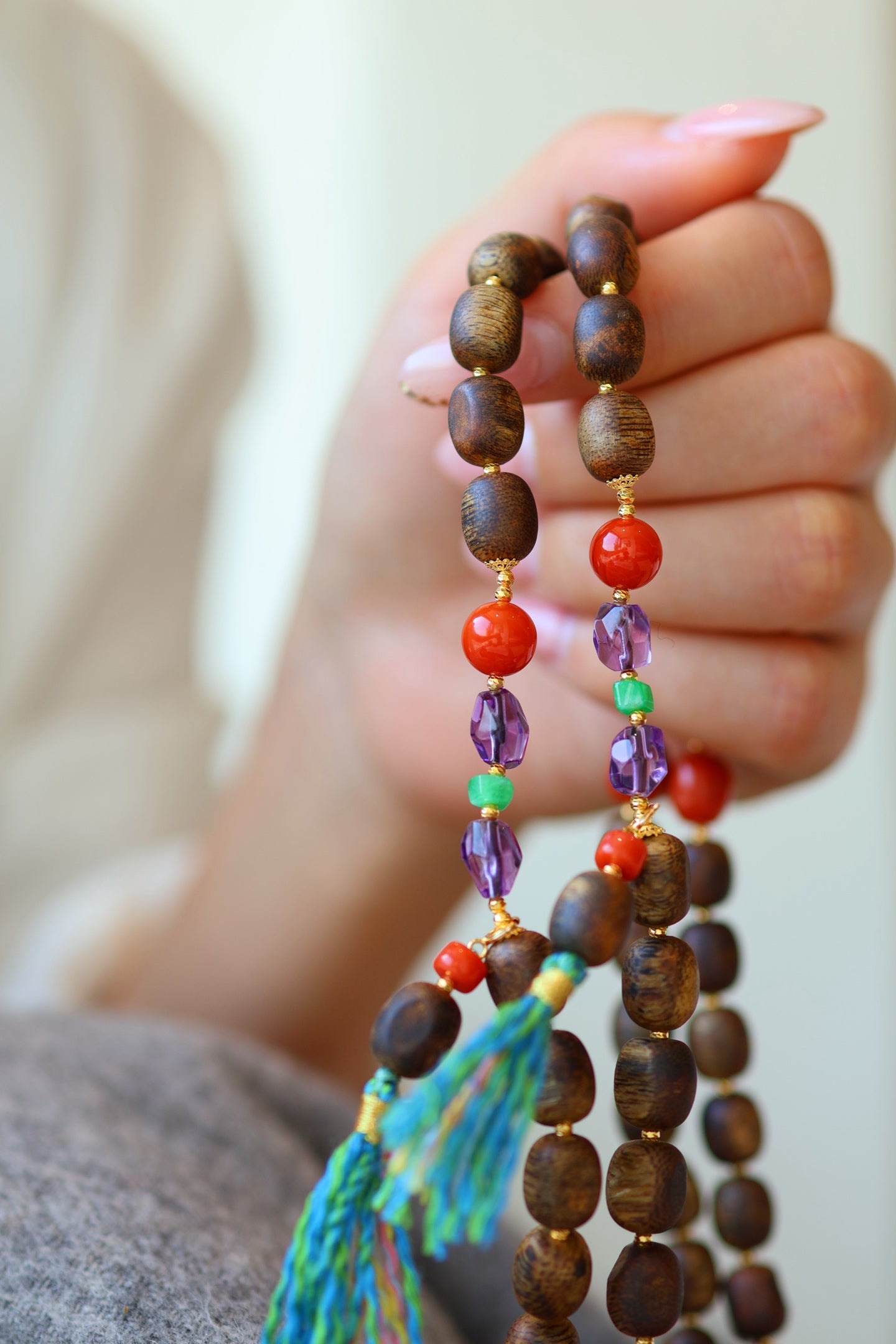 Kynam Agarwood Bracelet, Worm-Bore Beads, Five-Stone Accent & Tassel