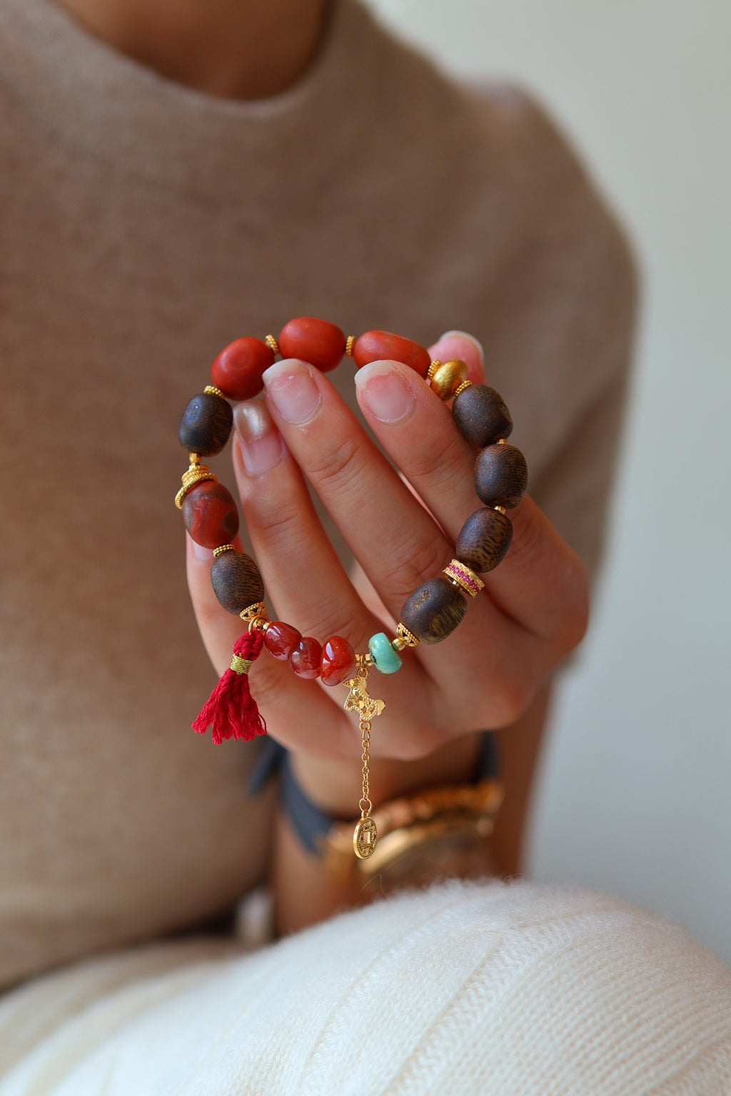 Kynam Agarwood Bracelet, South Red Agate & Turquoise