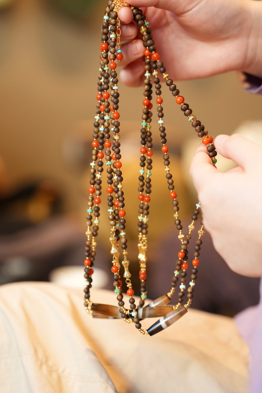 Kynam Agarwood Necklace, South Red Agate, Turquoise & Wound-Silk Agate