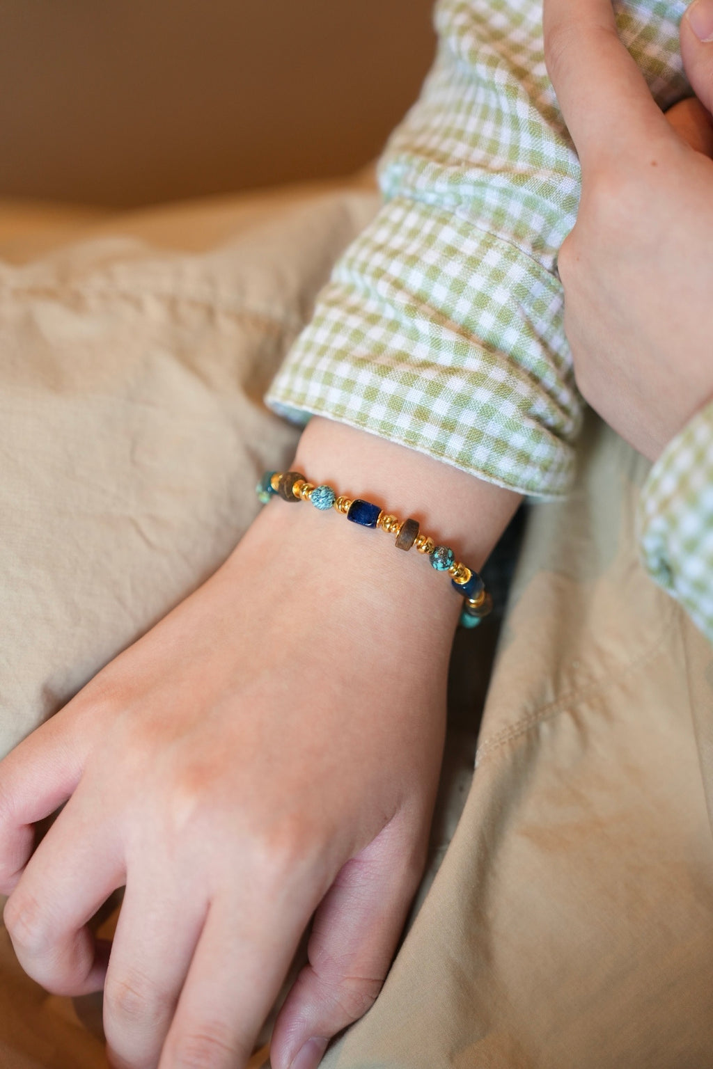 Turquoise and Sugilite Bracelet, Web-Pattern Rounds, Deep Blue Cubes, Agarwood Disc Spacers, Adjustable Clasp