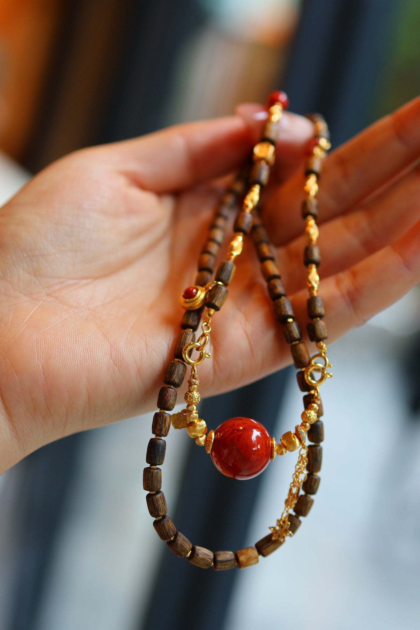 Kynam Agarwood Necklace, South Red Agate, Flame Focal, 56 cm