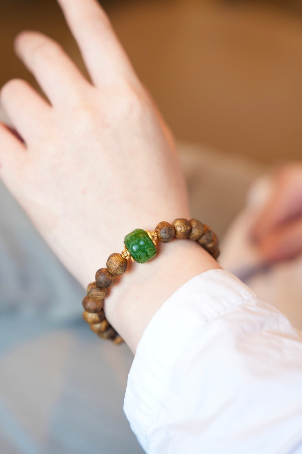 Kynam Agarwood Bracelet, Carved Nephrite Jade Focal