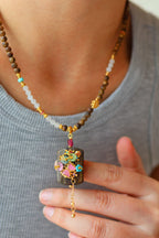 Kynam Agarwood Pendant Necklace, White Jade, Turquoise, and Tourmaline Butterfly