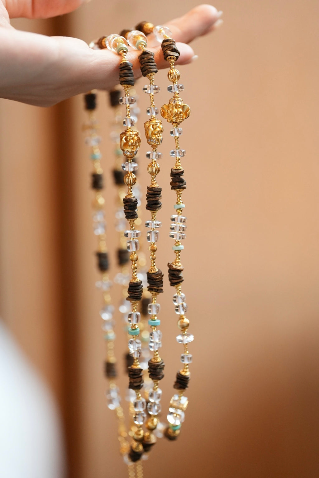 Kynam Agarwood Necklace, White Crystal, Turquoise & Ganesha
