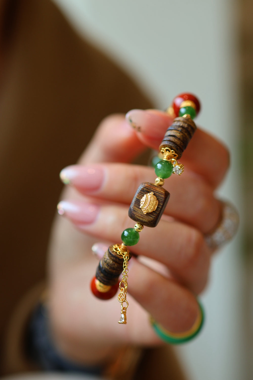 Kynam Agarwood Bracelet, South Red Agate & Green Jade, Treasure Bowl Charm
