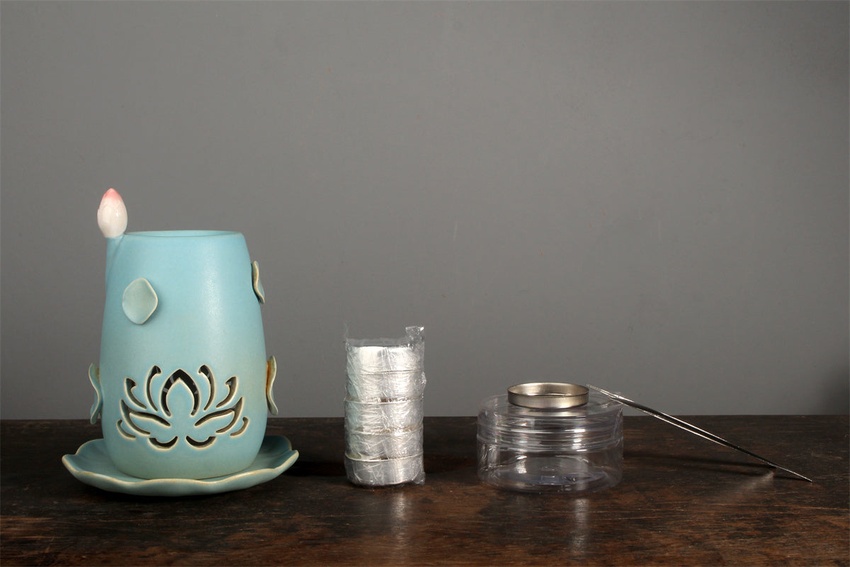 Lotus Ceramic Incense Warmer, Celadon Glaze with Candle Heating
