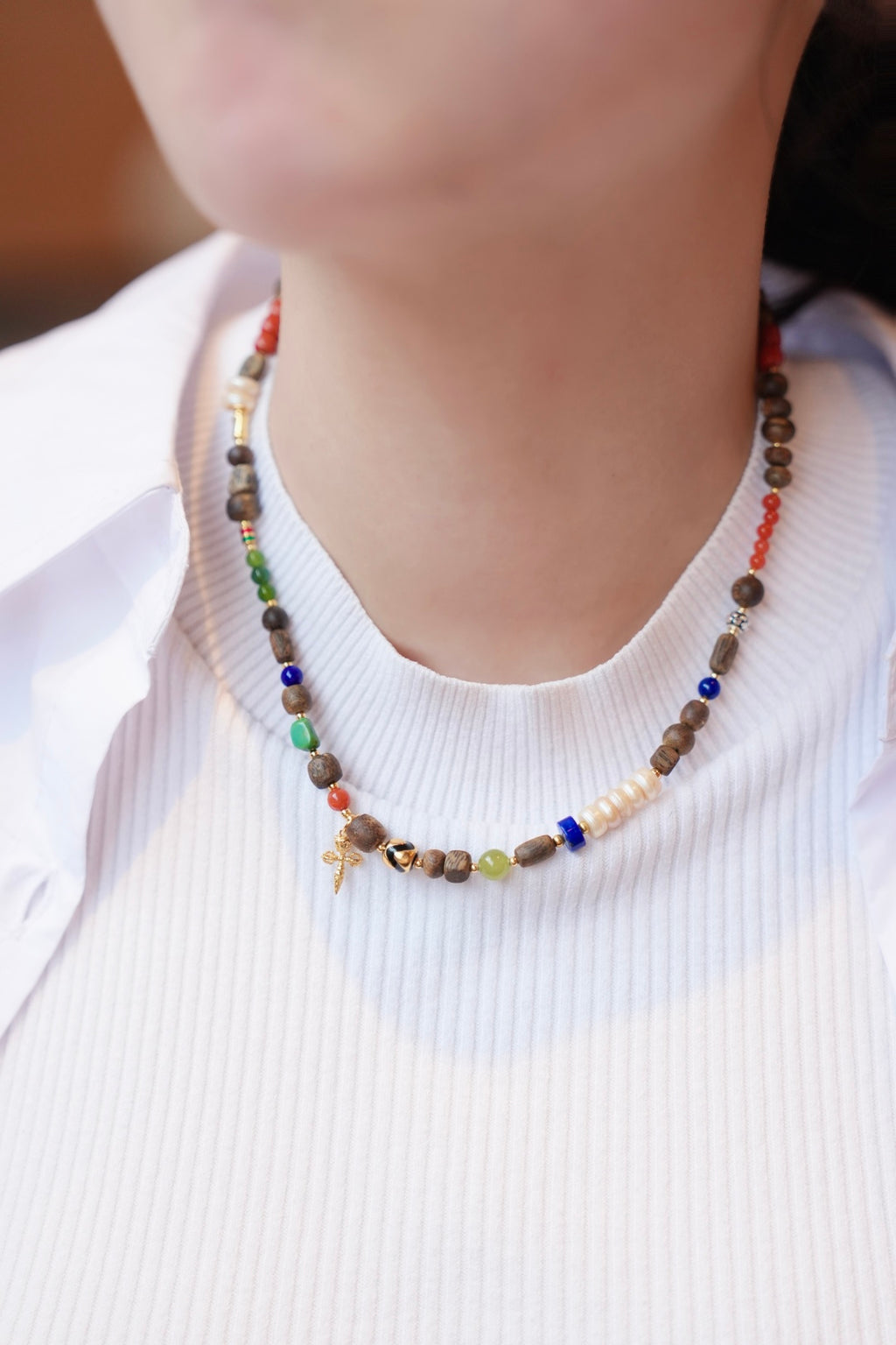 Kynam Agarwood Necklace, South Red, Tibetan Pearl, Jade & Lapis