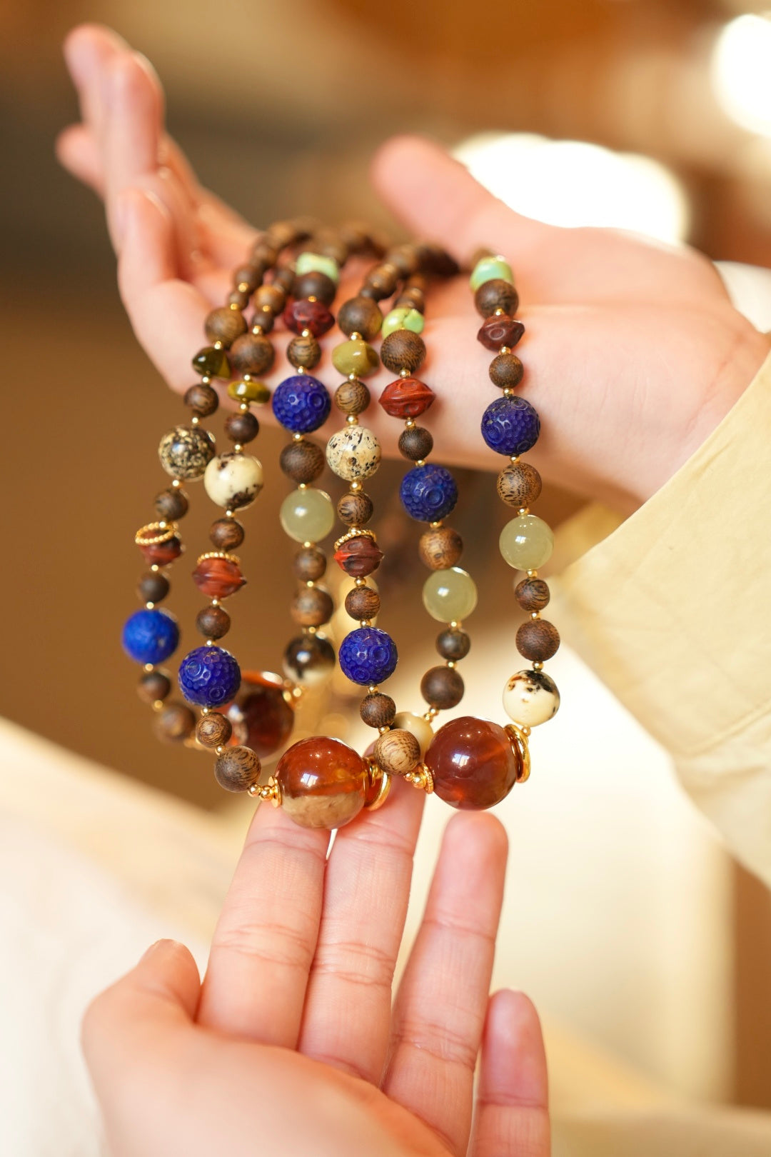 Kynam Agarwood Multi-Treasure Necklace, Cave Amber Main Bead, Lapis, South Red, Nephrite Jade, Turquoise
