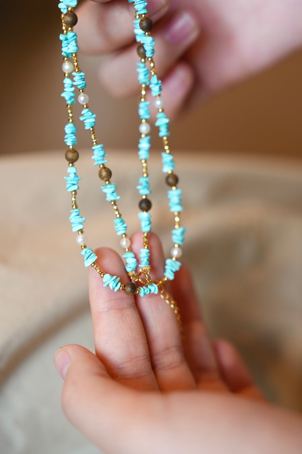 Kynam Agarwood Necklace, Sky-Blue Turquoise & Pearl, Freeform Chips