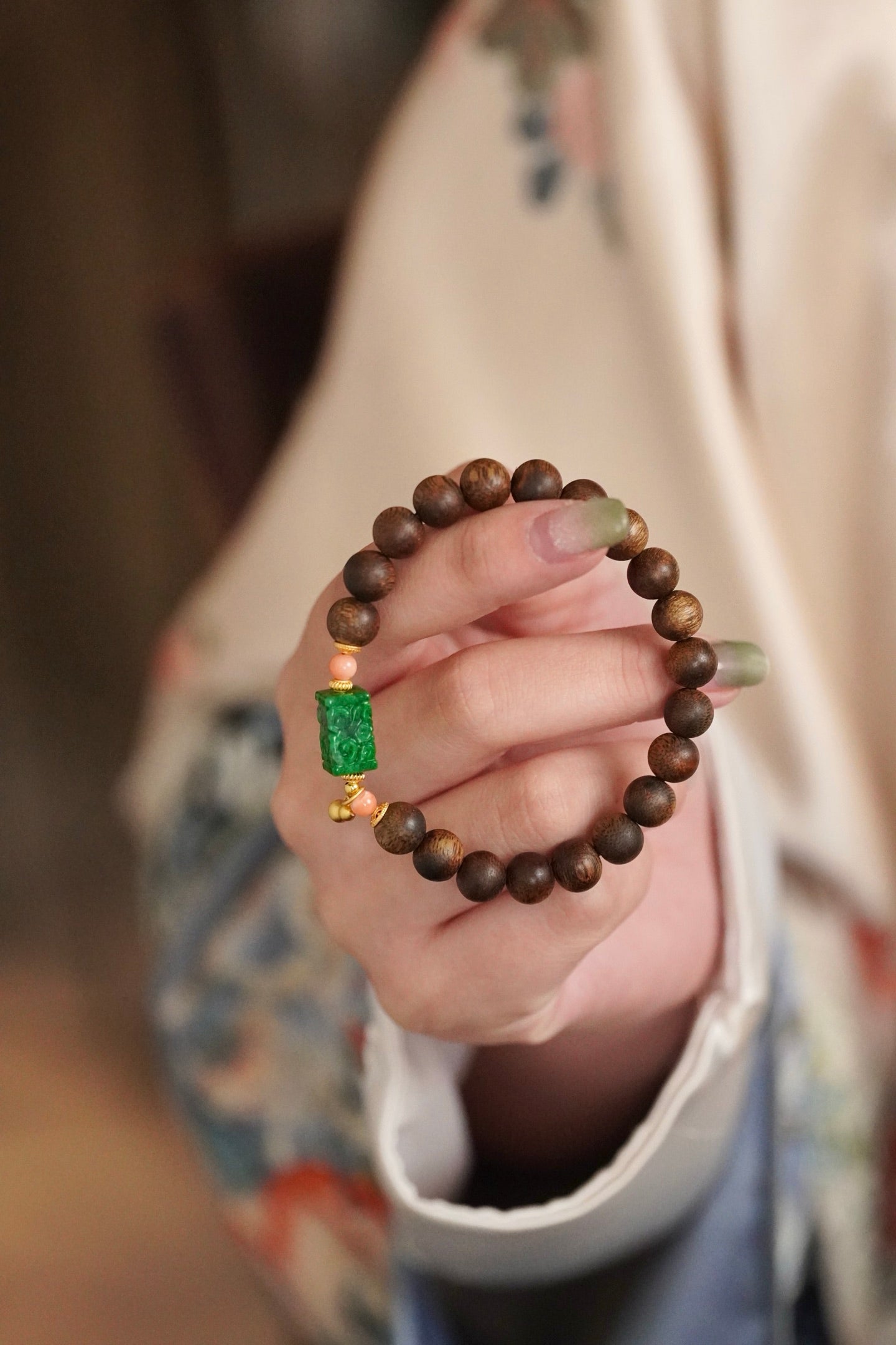 Kynam Agarwood Bracelet, Carved Imperial Green Jade & Pink Coral