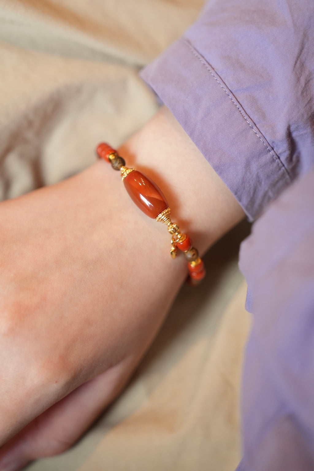 Kynam Agarwood Bracelet, South Red Agate Barrels & Beads