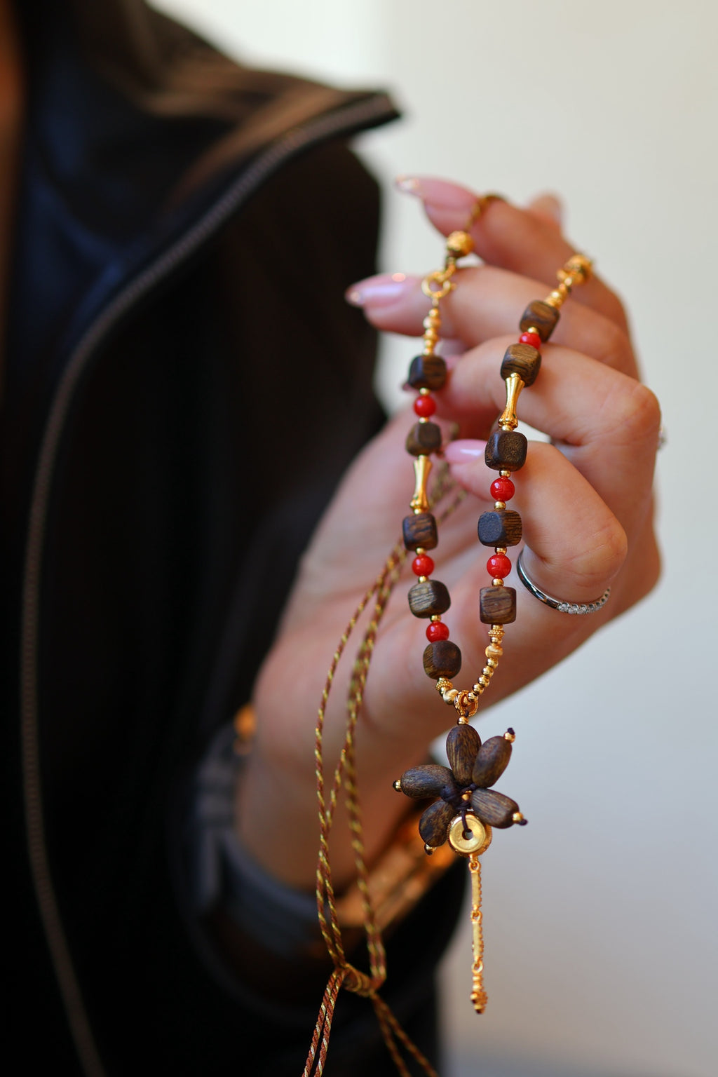 Kynam Agarwood Necklace, Red Coral & Flower Pendant, Handmade Cord