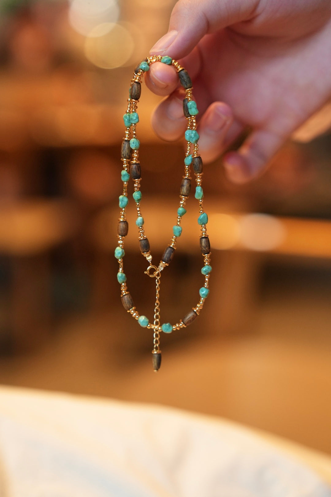 Kynam Agarwood & Turquoise Long Necklace, High-Porcelain Seed Stones, Barrel Beads