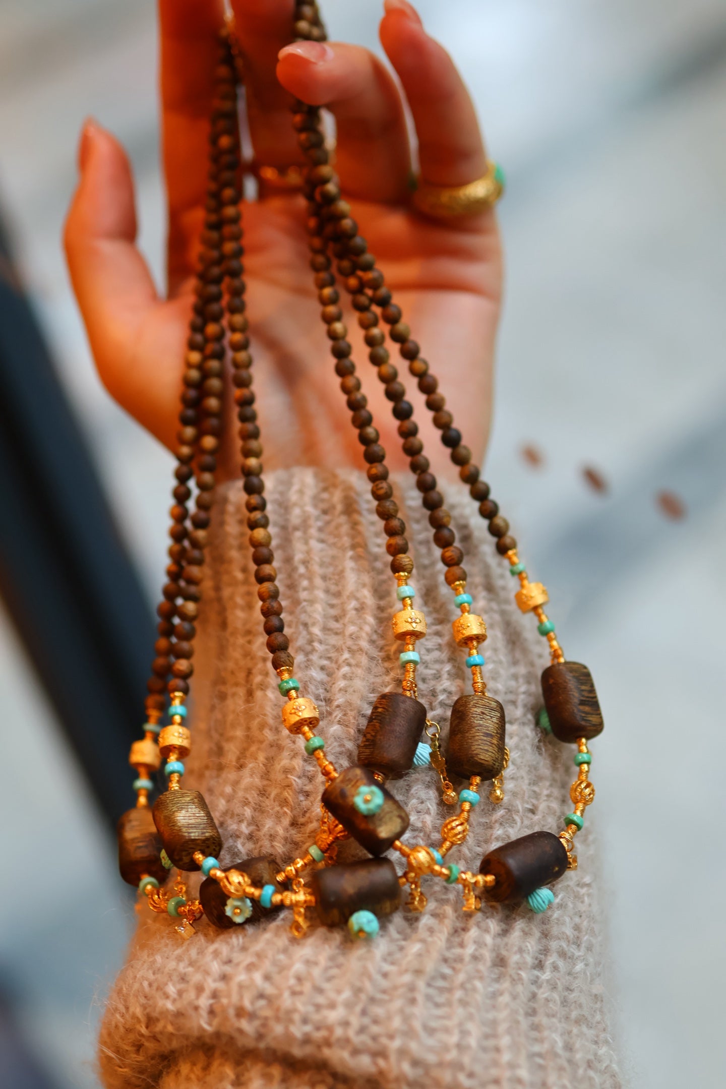 Kynam Agarwood Necklace, Sky-Blue Turquoise & Carved Flower Drops, 4.5mm, 45cm