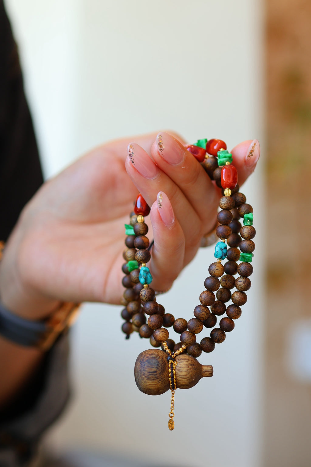 Kynam Agarwood Necklace, Carved Gourd Pendant, South Red & Jadeite