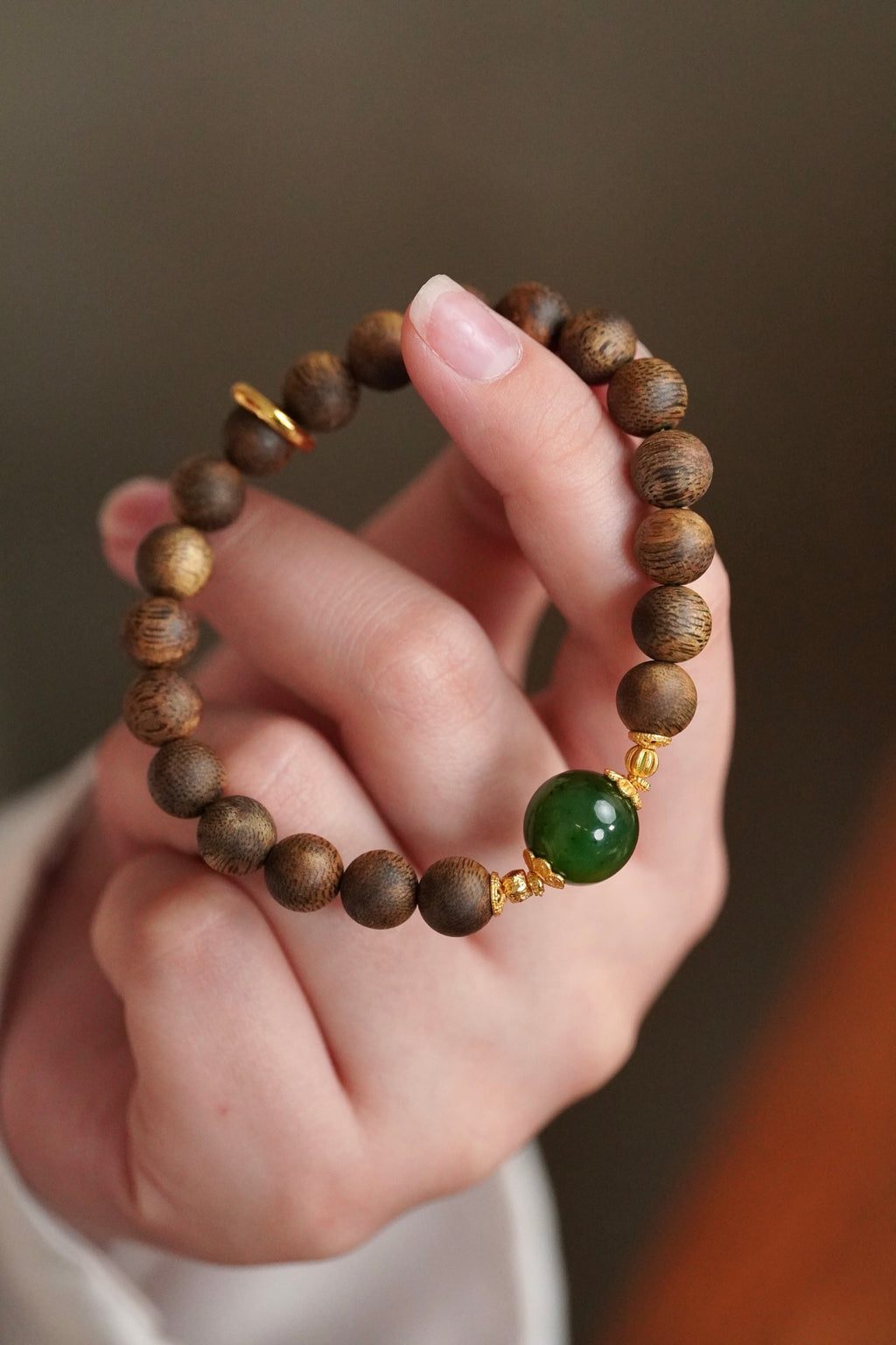 Kynam Agarwood Bracelet, Spinach-Green Nephrite Jade Focal Bead