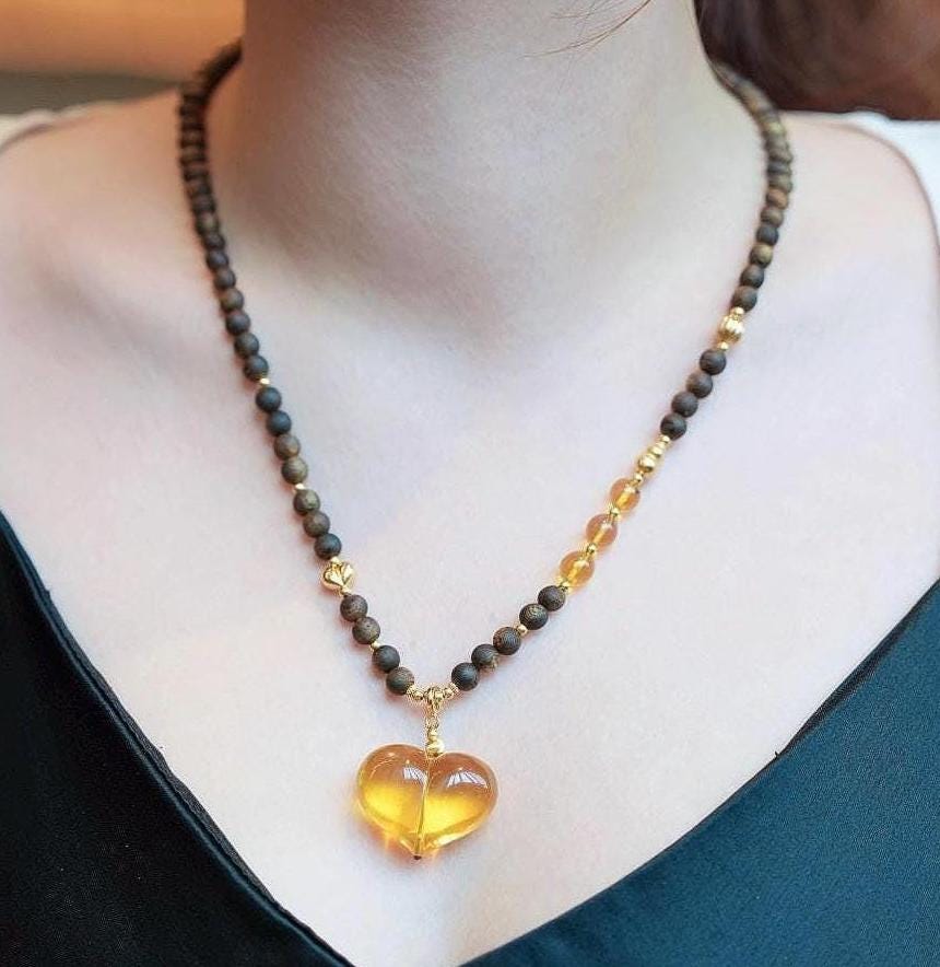 Kynam Agarwood & Golden Amber Necklace, Heart-Peach Pendant