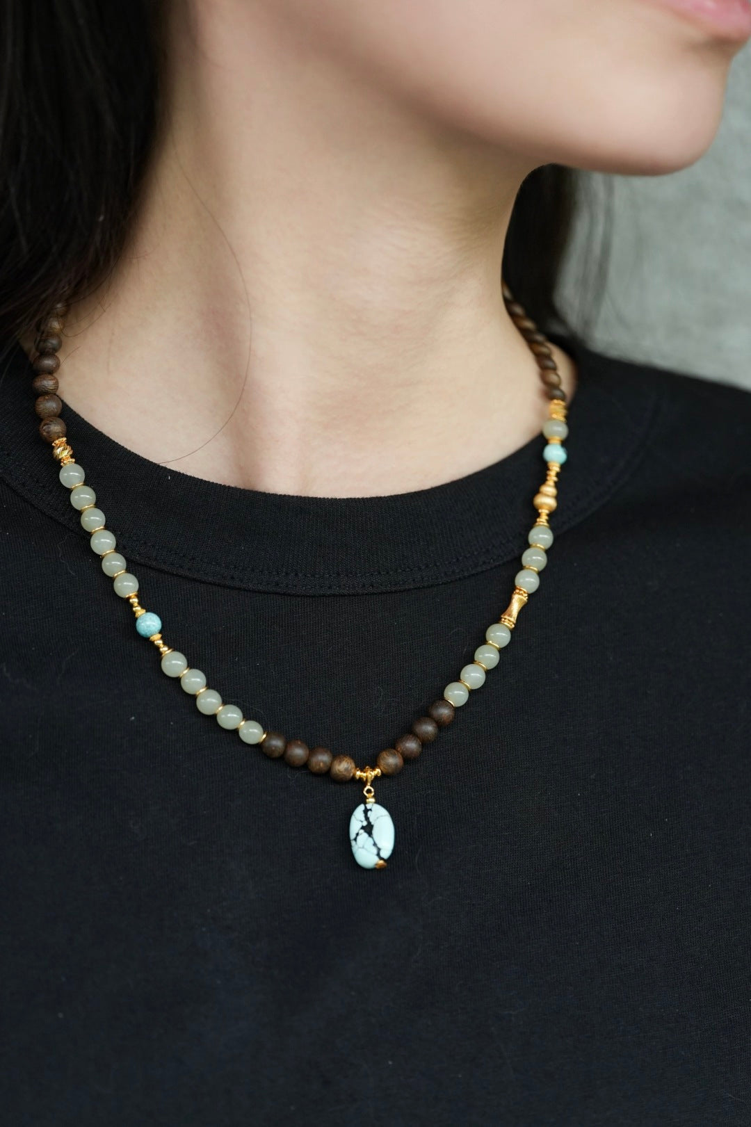 Kynam Agarwood Necklace, Nephrite Jade & Turquoise Drop