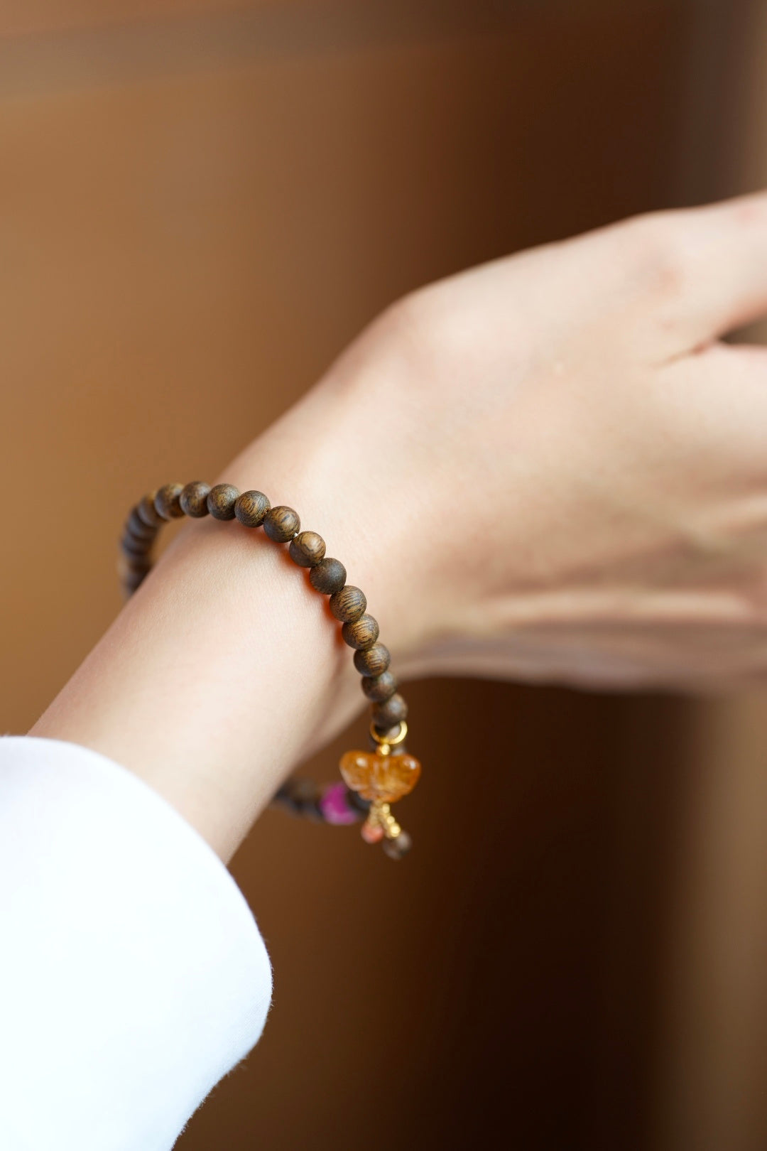 Kynam Agarwood Bracelet, Yellow Tourmaline Butterfly & Coral