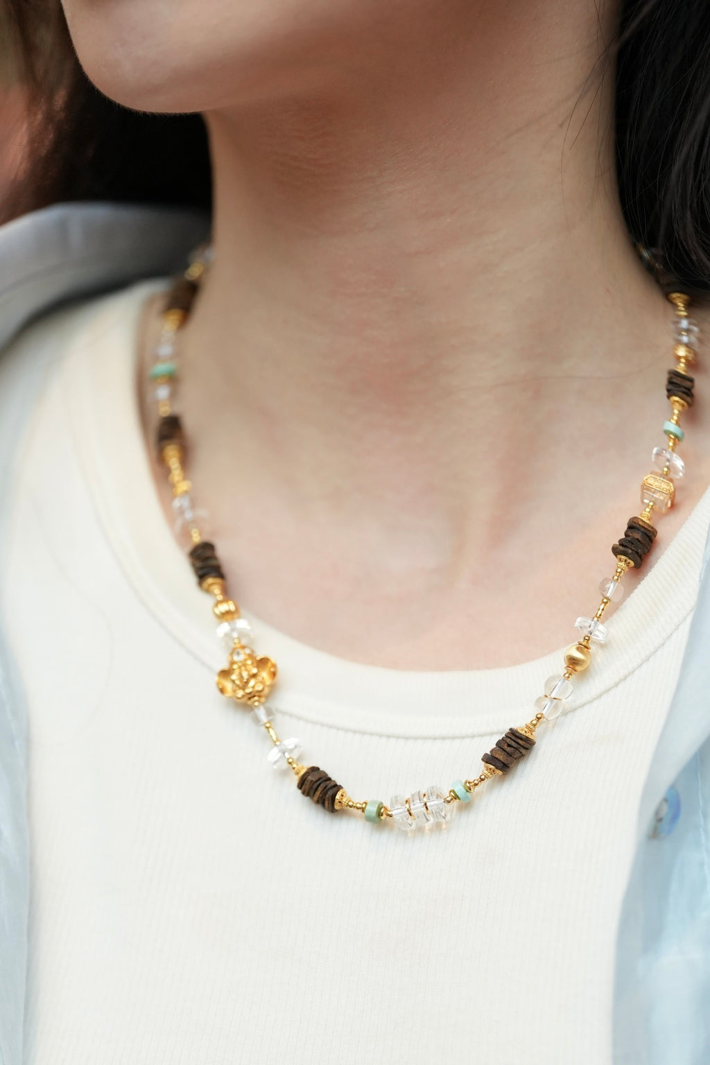 Kynam Agarwood Necklace, White Crystal, Turquoise & Ganesha