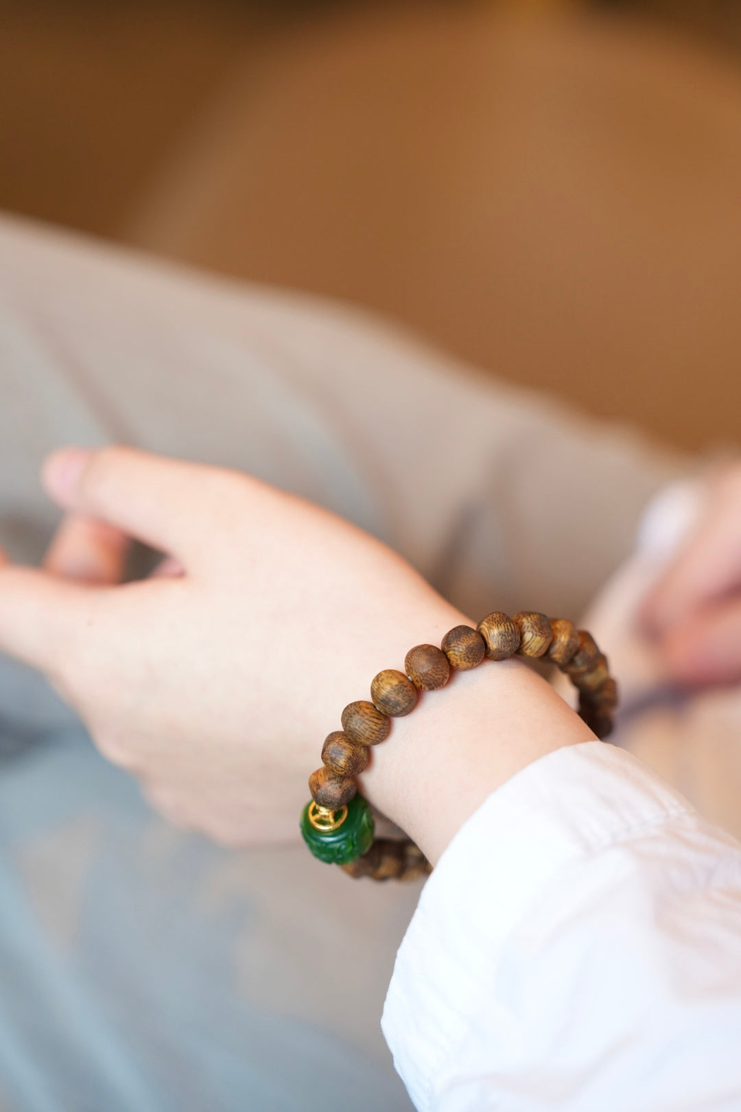Kynam Agarwood Bracelet, Carved Nephrite Jade Focal