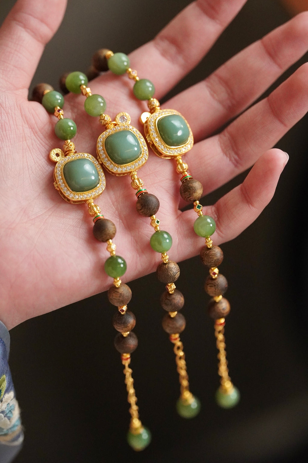Kynam Agarwood Bracelet, Cat's-Eye Nephrite Jade & Duck-Egg Blue Peace Medallion