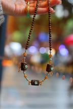 Kynam Agarwood Necklace, Sky-Blue Turquoise & Carved Flower Drops, 4.5mm, 45cm