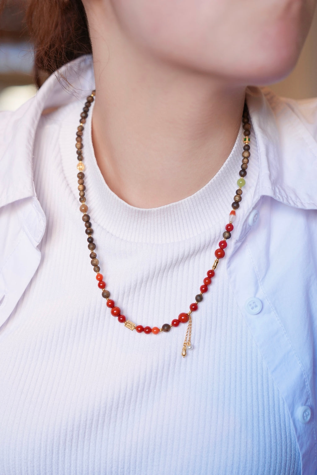 Kynam Agarwood Necklace, South Red Agate, Nephrite Jade & Carnelian