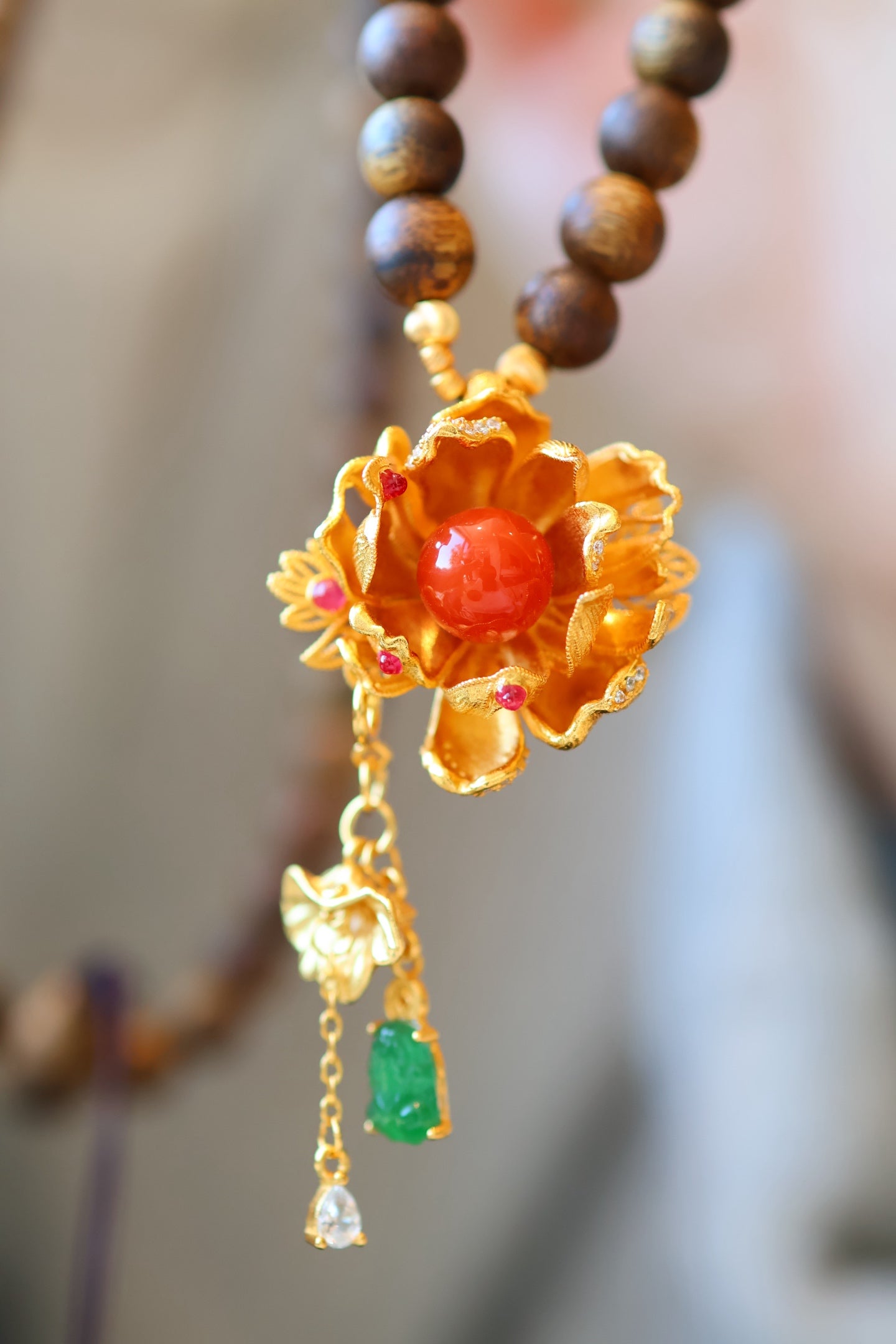 Kynam Agarwood Necklace, Jade, South Red Agate & Lotus Pendant
