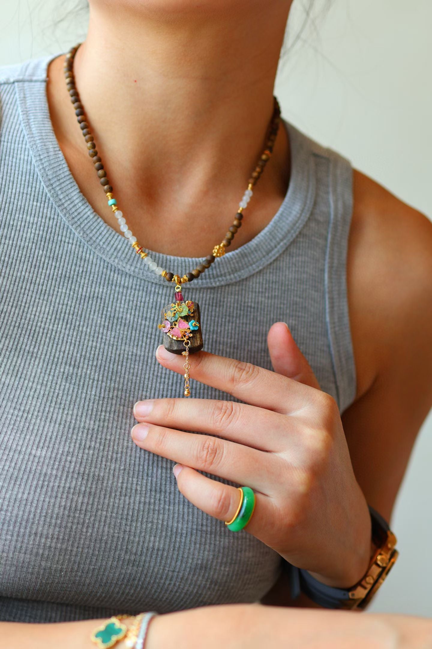 Kynam Agarwood Pendant Necklace, White Jade, Turquoise, and Tourmaline Butterfly