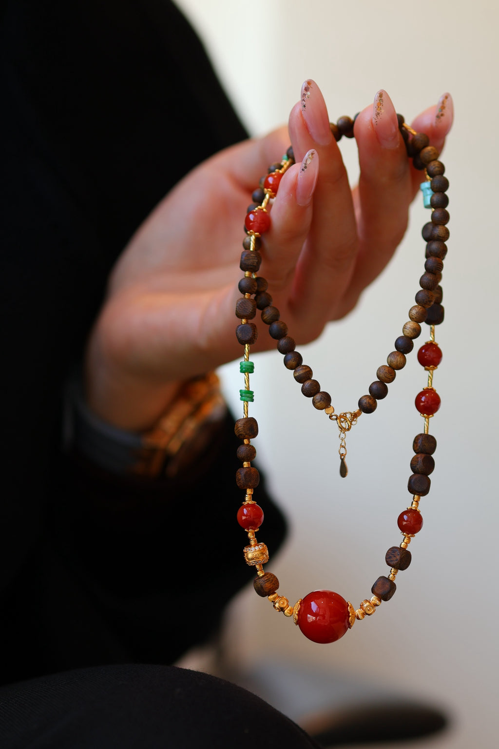 Kynam Agarwood Necklace, South Red Agate, Jadeite & Turquoise, 56cm