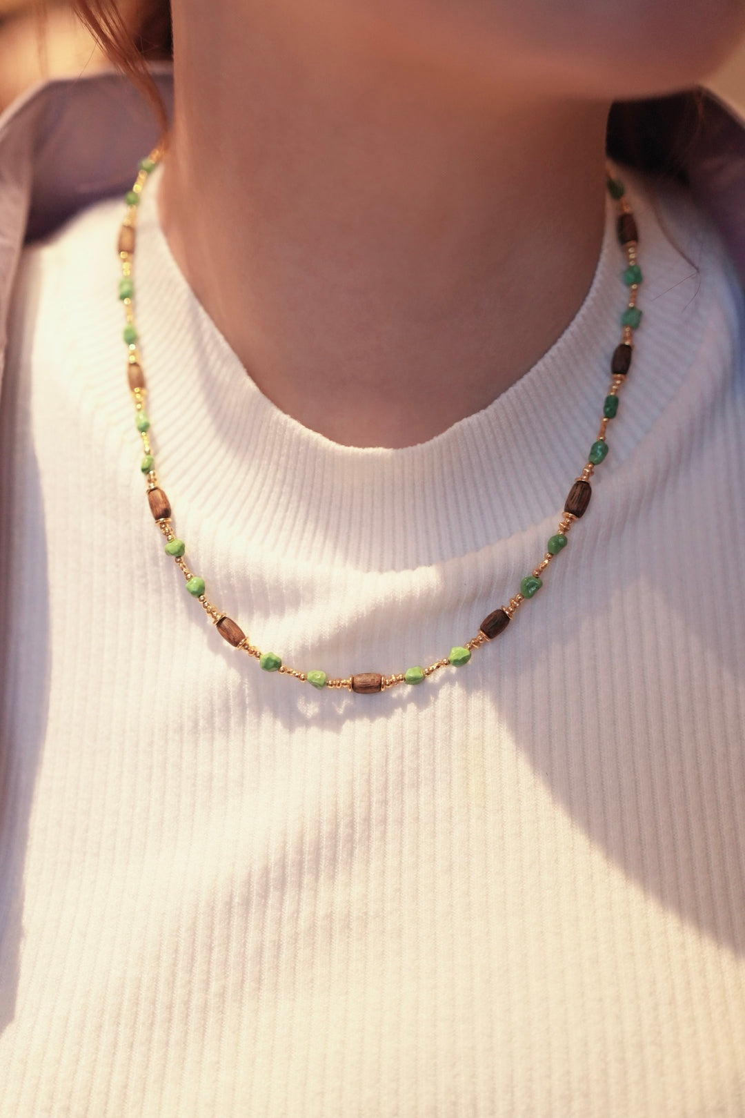 Kynam Agarwood & Turquoise Long Necklace, High-Porcelain Seed Stones, Barrel Beads