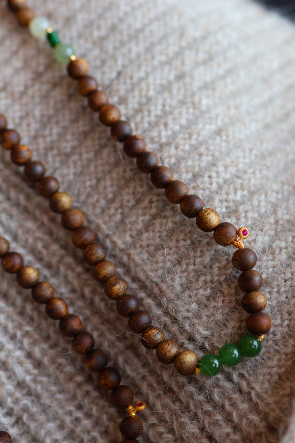 Kynam Agarwood Wrap Bracelet, Jadeite Accents, 6mm