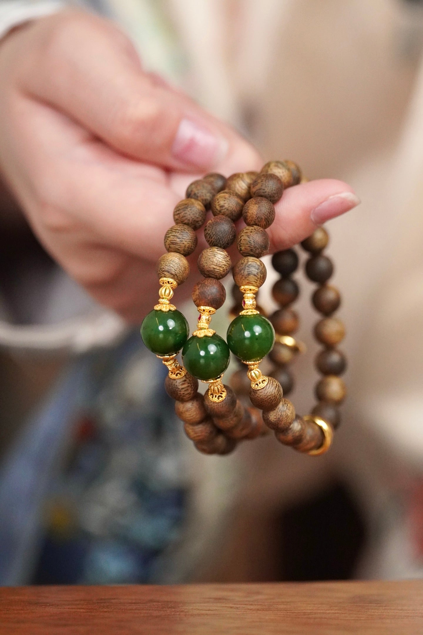 Kynam Agarwood Bracelet, Spinach-Green Nephrite Jade Focal Bead