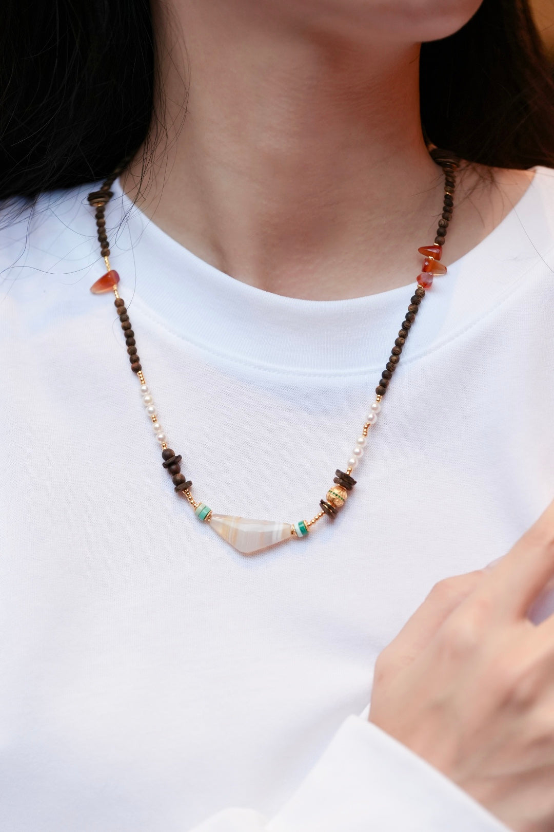 Kynam Agarwood Necklace, Freshwater Pearl, Turquoise & Carnelian