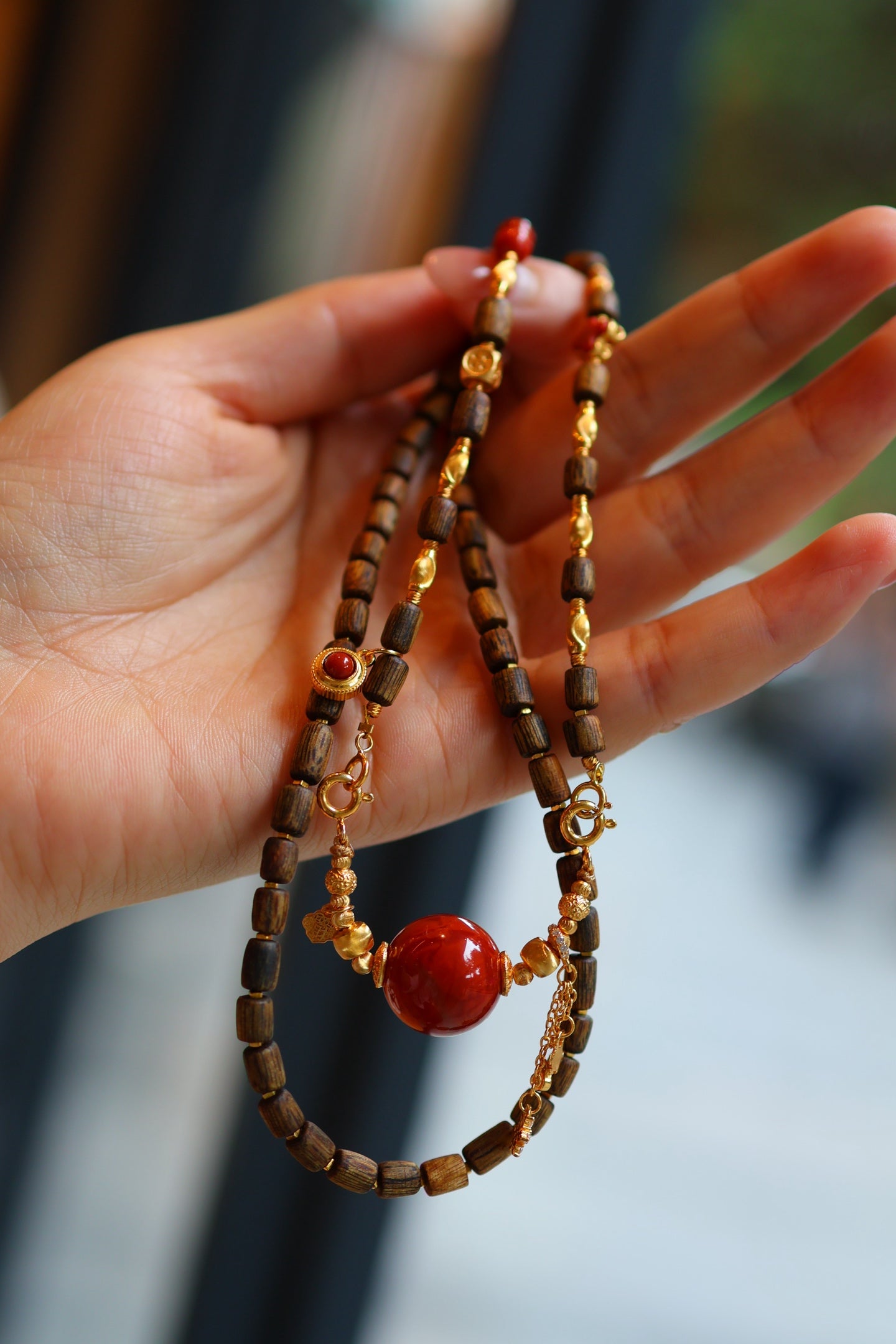 Kynam Agarwood Necklace, South Red Agate, Flame Focal, 56 cm