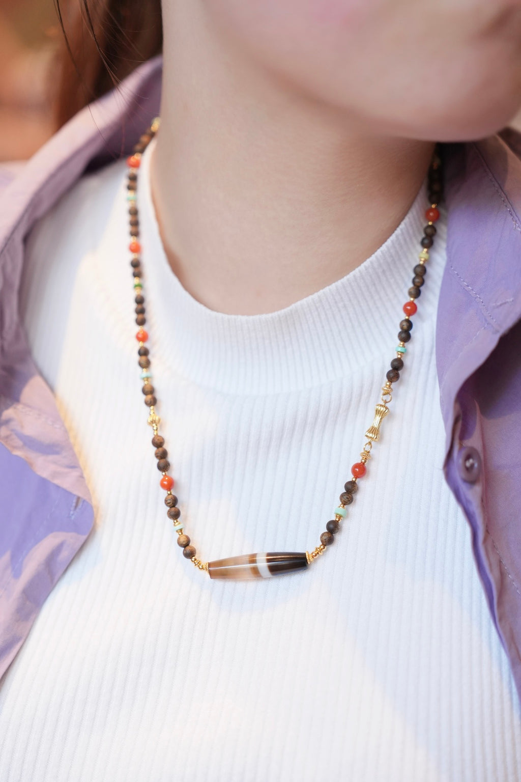 Kynam Agarwood Necklace, South Red Agate, Turquoise & Wound-Silk Agate